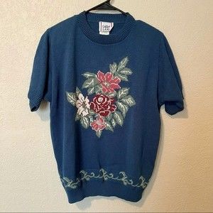 Vintage Floral Knit Short Sleeve Sweater size medium